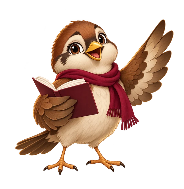 Pip, a cheerful sparrow holding a rehearsal script