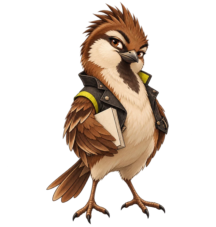 Riff, a confident sparrow with a feather crest, backstage jacket and script